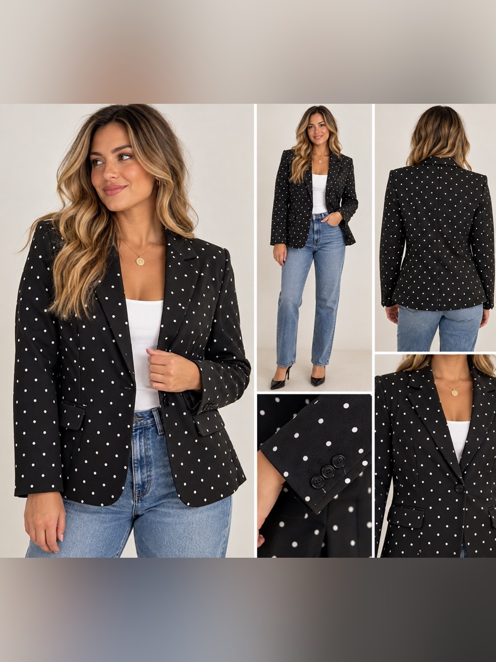 Black White Polka Dot Blazer Women’s XL Tailored Single Button Retro Jacket
